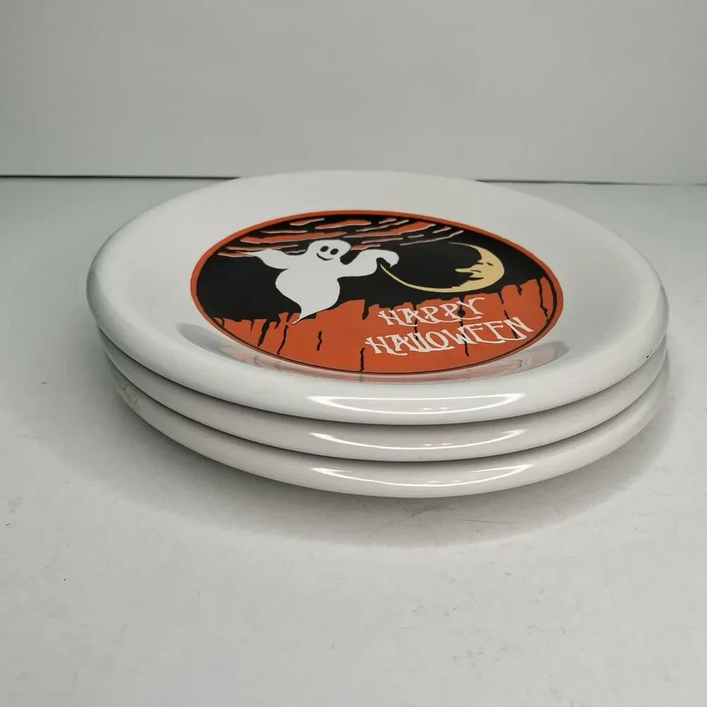 Pottery Barn Halloween Plates Retro Black Cat Witch Ghost 8” Set Of 3
